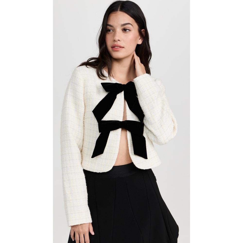 Line & Dot Kinzie Top, ivory cropped tweed jacket. Bow Detail Cropped Wool Poly